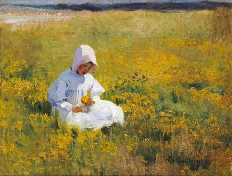 A Young Girl Picking Flowers White Modern Wood Framed Art Print with Double Matting by Stokes, Marianne