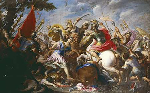 The Battle of The Amazons Black Ornate Wood Framed Art Print with Double Matting by Tempesta, Antonio