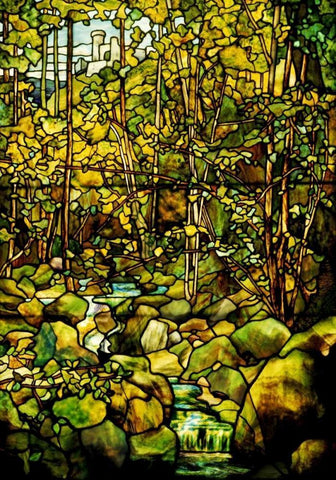 A Leaded Glass Window of a Woodland Scene White Modern Wood Framed Art Print with Double Matting by Tiffany Studios