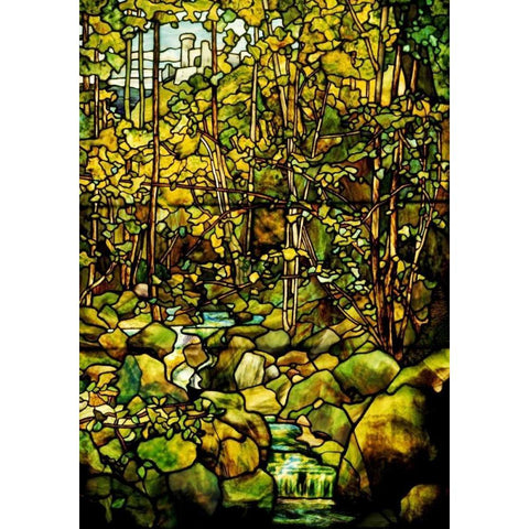 A Leaded Glass Window of a Woodland Scene White Modern Wood Framed Art Print by Tiffany Studios