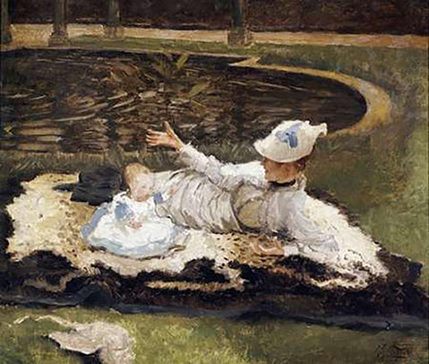 Mrs Newton With a Child By a Pool Black Ornate Wood Framed Art Print with Double Matting by Tissot, James Jacques