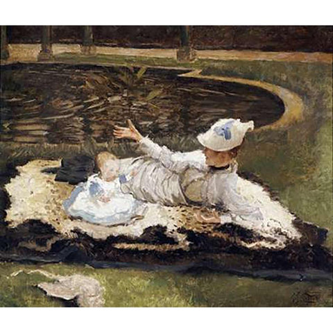 Mrs Newton With a Child By a Pool Black Modern Wood Framed Art Print with Double Matting by Tissot, James Jacques