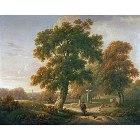 Travellers at a Crossroads In a Wooded Landscape Gold Ornate Wood Framed Art Print with Double Matting by Towne, Charles