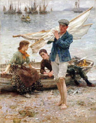 Return From Fishing White Modern Wood Framed Art Print with Double Matting by Tuke, Henry Scott