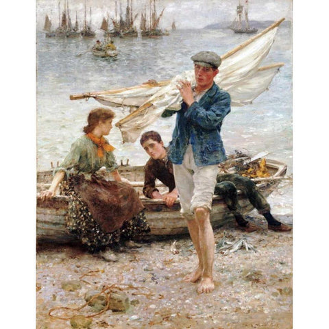 Return From Fishing Black Modern Wood Framed Art Print with Double Matting by Tuke, Henry Scott