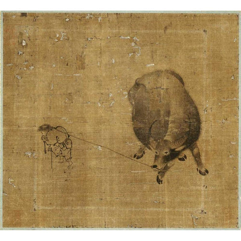 Small Boy Struggling To Lead a Water Buffalo Gold Ornate Wood Framed Art Print with Double Matting by Unknown