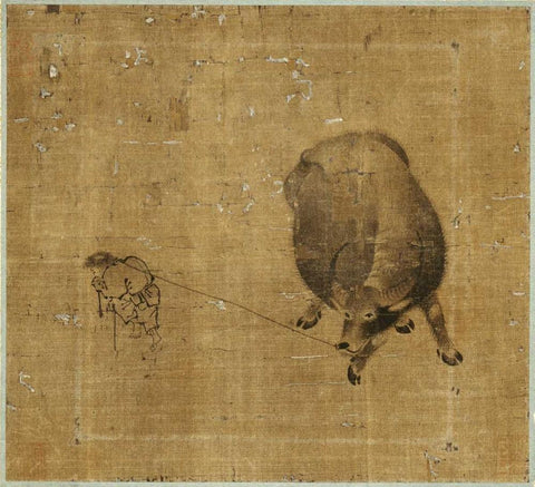 Small Boy Struggling To Lead a Water Buffalo White Modern Wood Framed Art Print with Double Matting by Unknown