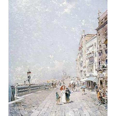 The Molo, Venice, Looking West With Figures Promenading White Modern Wood Framed Art Print by Unterberger, Franz Richard