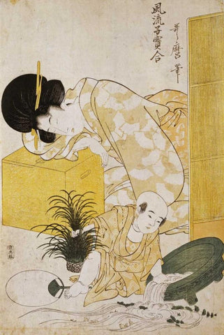 A Mother Dozing While Her Child Topples a Fish Bowl Black Ornate Wood Framed Art Print with Double Matting by Utamaro, Kitagawa