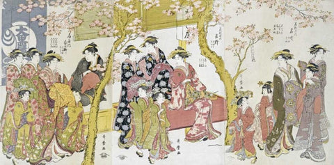 Three Groups of Courtesans With Their Shinzo and Kamuro White Modern Wood Framed Art Print with Double Matting by Utamaro, Kitagawa