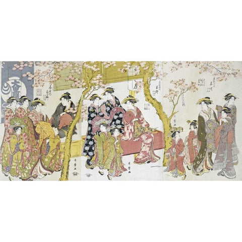 Three Groups of Courtesans With Their Shinzo and Kamuro Black Modern Wood Framed Art Print by Utamaro, Kitagawa