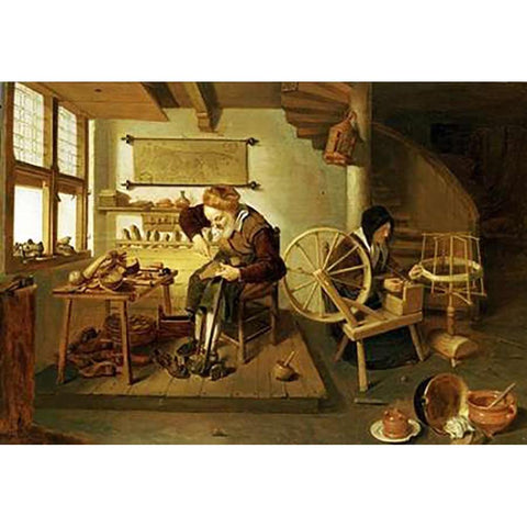 The Interior of a Cobblers Shop Gold Ornate Wood Framed Art Print with Double Matting by Van Brekelenkam, Gerritsz Quiryn