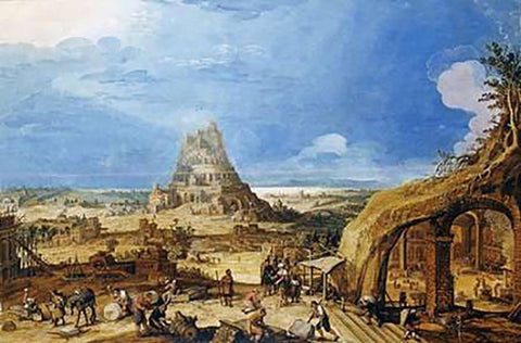 The Building of The Tower of Babel Black Ornate Wood Framed Art Print with Double Matting by Van Cleve, Hendrick III