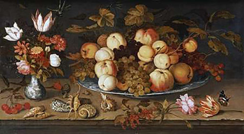 Fruit On a Dish Black Ornate Wood Framed Art Print with Double Matting by Van Der Ast, Balthasar