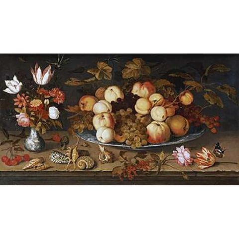 Fruit On a Dish Gold Ornate Wood Framed Art Print with Double Matting by Van Der Ast, Balthasar