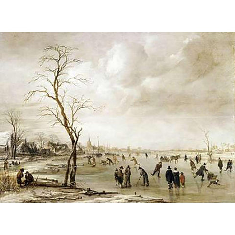 A Winter Landscape Black Modern Wood Framed Art Print with Double Matting by Van Der Neer, Aert