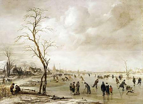 A Winter Landscape Black Ornate Wood Framed Art Print with Double Matting by Van Der Neer, Aert