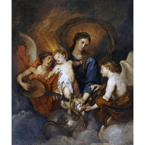 The Madonna and Child With Two Musical Angels White Modern Wood Framed Art Print by Van Dyck, Sir Anthony