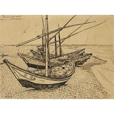 Boats On The Beach at Saintes-Maries-De-La-Mer Gold Ornate Wood Framed Art Print with Double Matting by Van Gogh, Vincent