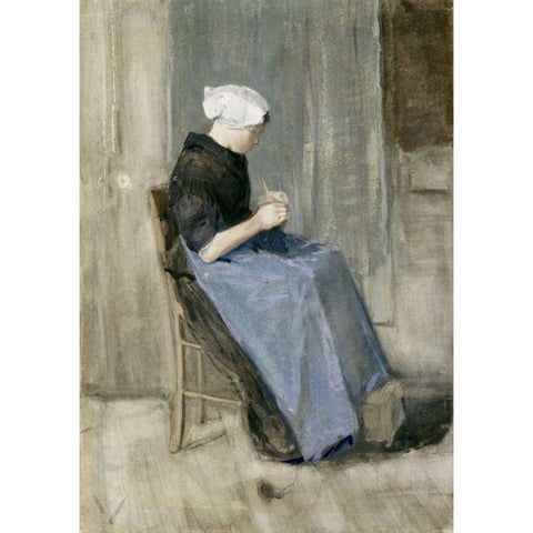 A Young Scheveningen Woman Knitting White Modern Wood Framed Art Print by Van Gogh, Vincent