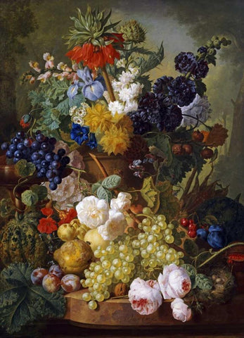 A Still Life of Flowers and Fruit Black Ornate Wood Framed Art Print with Double Matting by Van Os, Jan