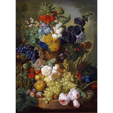 A Still Life of Flowers and Fruit White Modern Wood Framed Art Print by Van Os, Jan