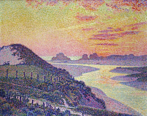 Sunset at Ambleteuse, Pas De Calais Black Ornate Wood Framed Art Print with Double Matting by Van Rysselberghe, Theo