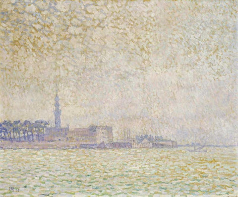 A View of Veere, Misty Morning White Modern Wood Framed Art Print with Double Matting by Van Rysselberghe, Theo