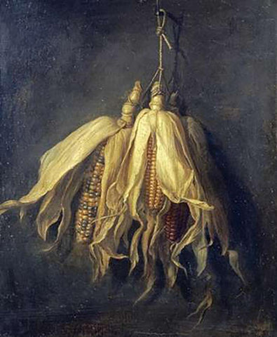 Three Corncobs Hanging From a Nail Black Ornate Wood Framed Art Print with Double Matting by Spaendonck, Cornelis Van