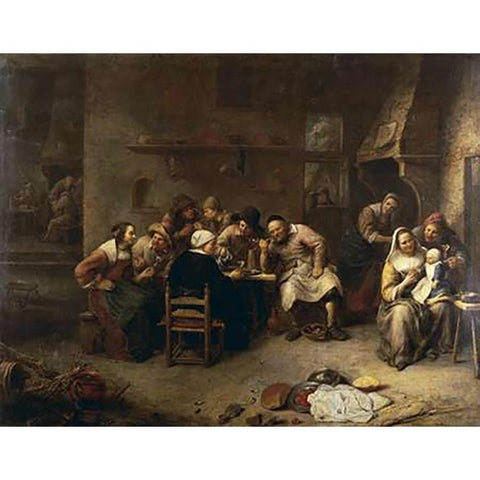 Peasants Drinking and Smoking In An Inn Black Modern Wood Framed Art Print with Double Matting by Van Tilborch, Gillis