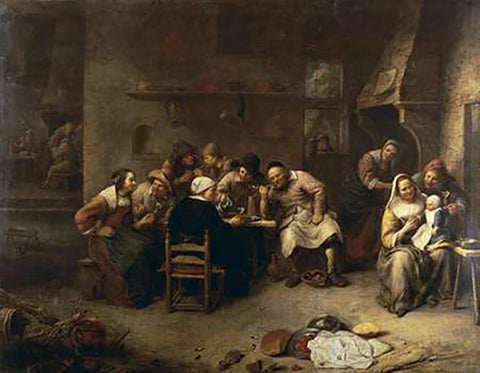 Peasants Drinking and Smoking In An Inn White Modern Wood Framed Art Print with Double Matting by Van Tilborch, Gillis