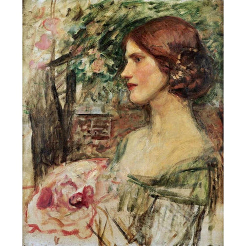 Portrait of a Lady In a Green Dress Gold Ornate Wood Framed Art Print with Double Matting by Waterhouse, John William