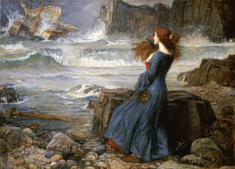 Miranda - The Tempest White Modern Wood Framed Art Print with Double Matting by Waterhouse, John William