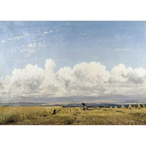 Building Haystacks Black Modern Wood Framed Art Print with Double Matting by Wells, William Page Atkinson