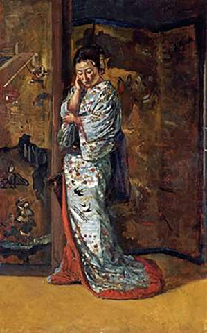 A Japanese Woman In An Interior White Modern Wood Framed Art Print with Double Matting by Wirgman, Charles