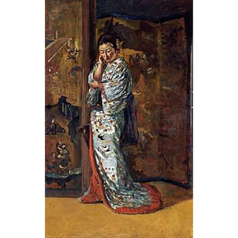 A Japanese Woman In An Interior Black Modern Wood Framed Art Print with Double Matting by Wirgman, Charles