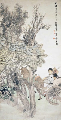 Deer Pulling a Chariot White Modern Wood Framed Art Print with Double Matting by Yi, Ren