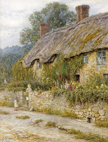 Cottage Near Wells, Somerset Black Ornate Wood Framed Art Print with Double Matting by Allingham, Helen