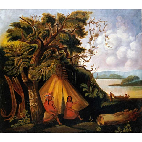 Indian Encampment Black Modern Wood Framed Art Print by American School