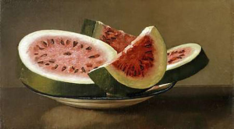 Still Life With Watermelon Black Ornate Wood Framed Art Print with Double Matting by American School