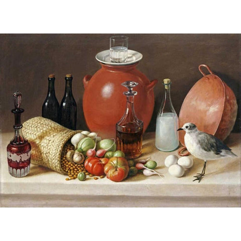Still Life With a Bird and a Pitcher Gold Ornate Wood Framed Art Print with Double Matting by Arrieta, Jose Agustin