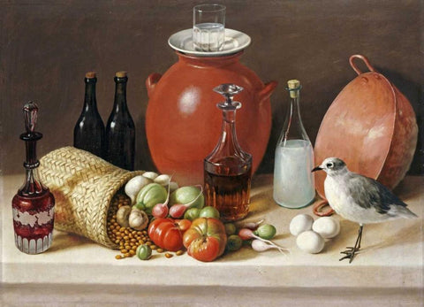 Still Life With a Bird and a Pitcher Black Ornate Wood Framed Art Print with Double Matting by Arrieta, Jose Agustin