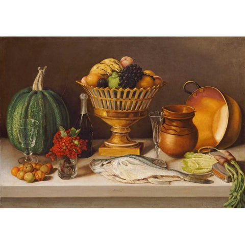 Still Life With Fish and a Pumpkin Black Modern Wood Framed Art Print with Double Matting by Arrieta, Jose Agustin