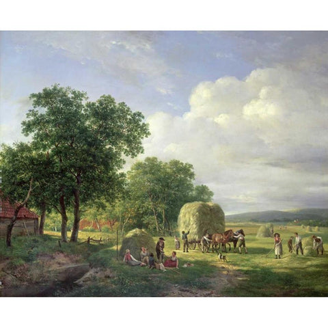 A Wooded Landscape With Haymakers Black Modern Wood Framed Art Print by Van De Sande Bakhuyzen, Hendrik