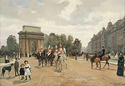 The Life Guards Passing Hyde Park Corner, London Black Ornate Wood Framed Art Print with Double Matting by Baratti, Felippo