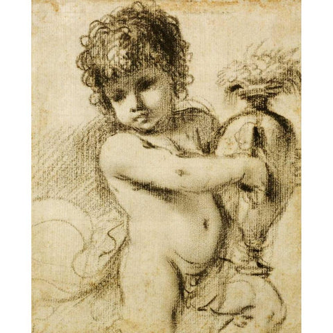 A Putto With a Vase Black Modern Wood Framed Art Print by Barbieri, Giovanni Francesco