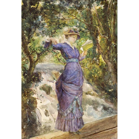 Girl Reading By a Waterfall Black Modern Wood Framed Art Print by Bashkirtseva, Maria Konstantinovna