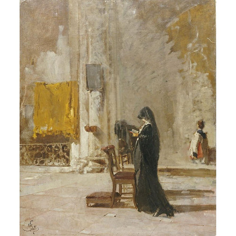 A Lady Praying In Church Gold Ornate Wood Framed Art Print with Double Matting by Bianchi, Mose