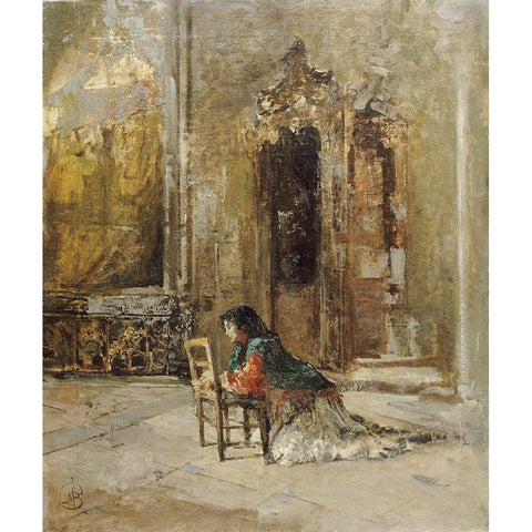 A Woman at Prayer In a Church Gold Ornate Wood Framed Art Print with Double Matting by Bianchi, Mose