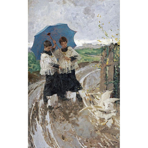 The Return From The Festival White Modern Wood Framed Art Print by Bianchi, Mose
